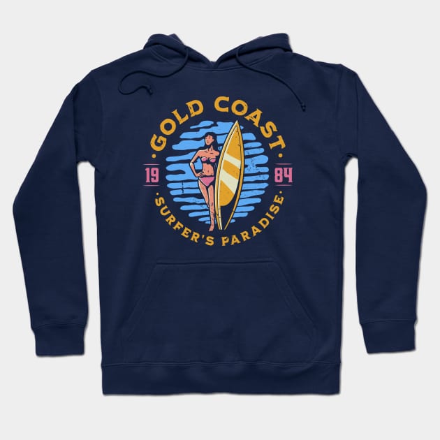 Vintage Gold Coast, Australia Surfer's Paradise // Retro Surfing 1980s Badge Hoodie by Now Boarding